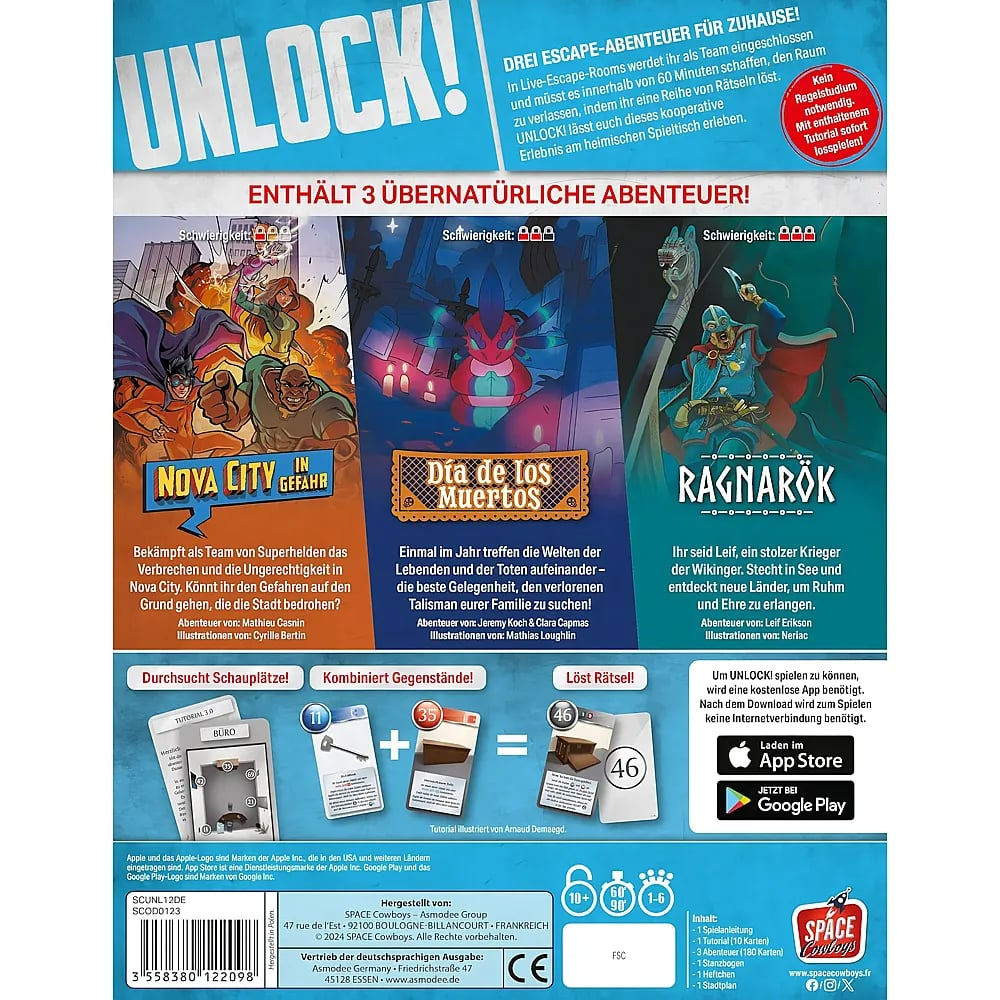 Dos de la boîte de jeu de société Unlock! avec trois aventures surnaturelles et des descriptions.