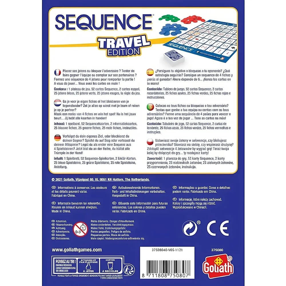 Retro della scatola di gioco Sequence Travel Edition con testo multilingue e contenuto.