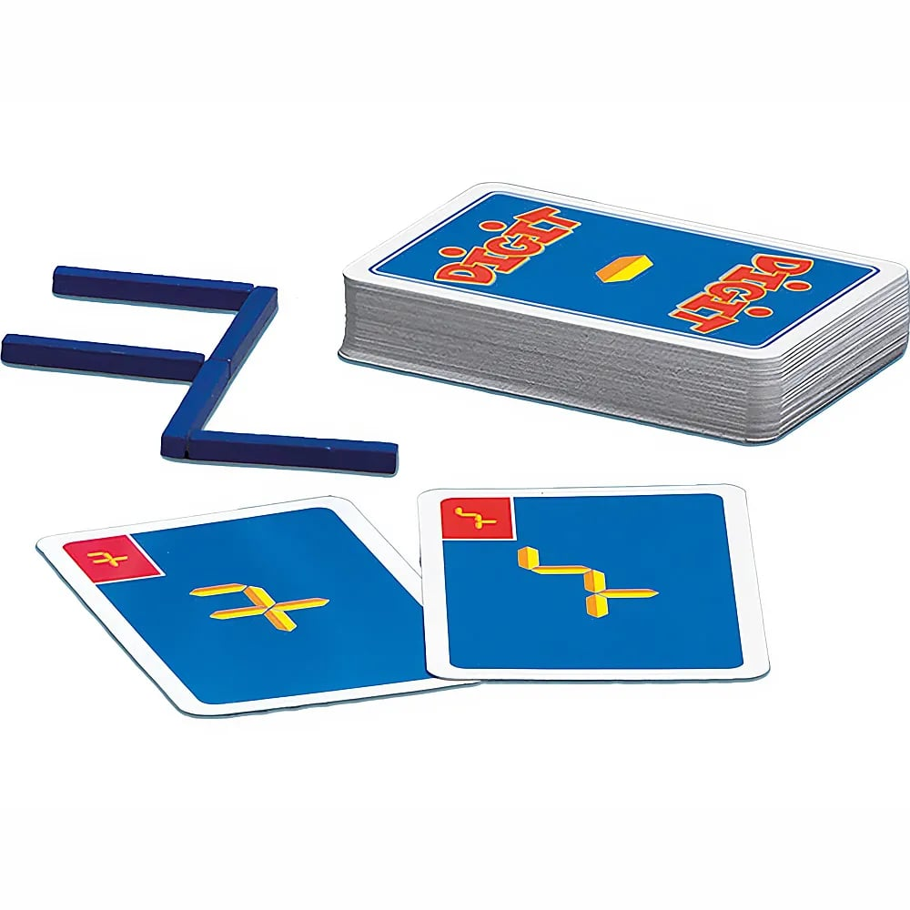 Ein Kartenspiel mit blauen Karten, gelben Mustern und blauen Kunststoffstäbchen.