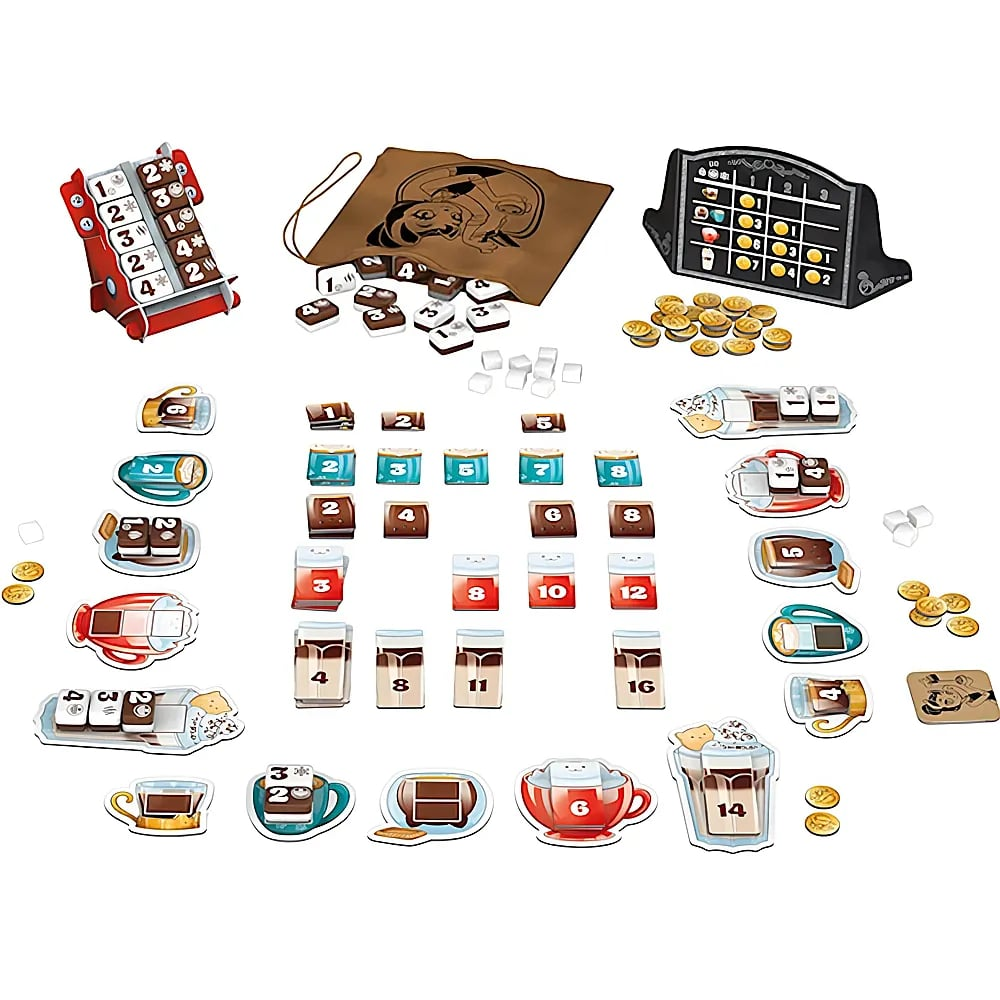 Brettspielkomponenten inklusive Spielsteine, Beutel, Spielertafel, Karten und Tassen-Token auf weißem Hintergrund.