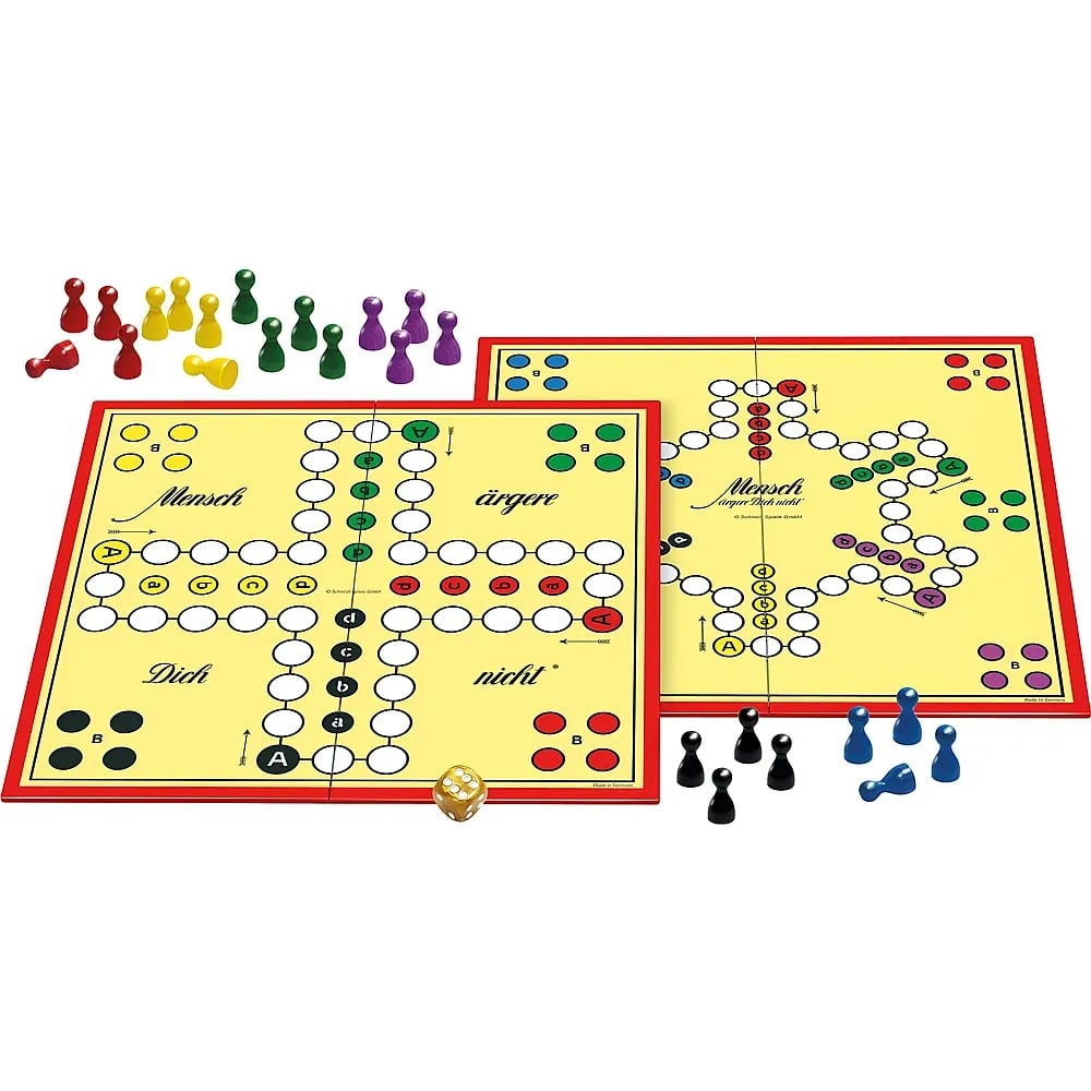 Mensch ärgere Dich nicht Spiel mit gelben Brettern, bunten Figuren und Würfel auf weißem Hintergrund.