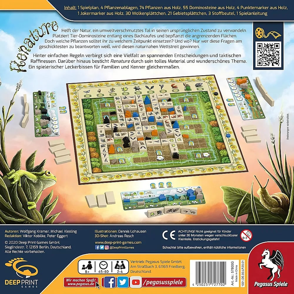 Spielverpackung von Renature mit Spielbrett, Holzsteinen und Naturmotiven.