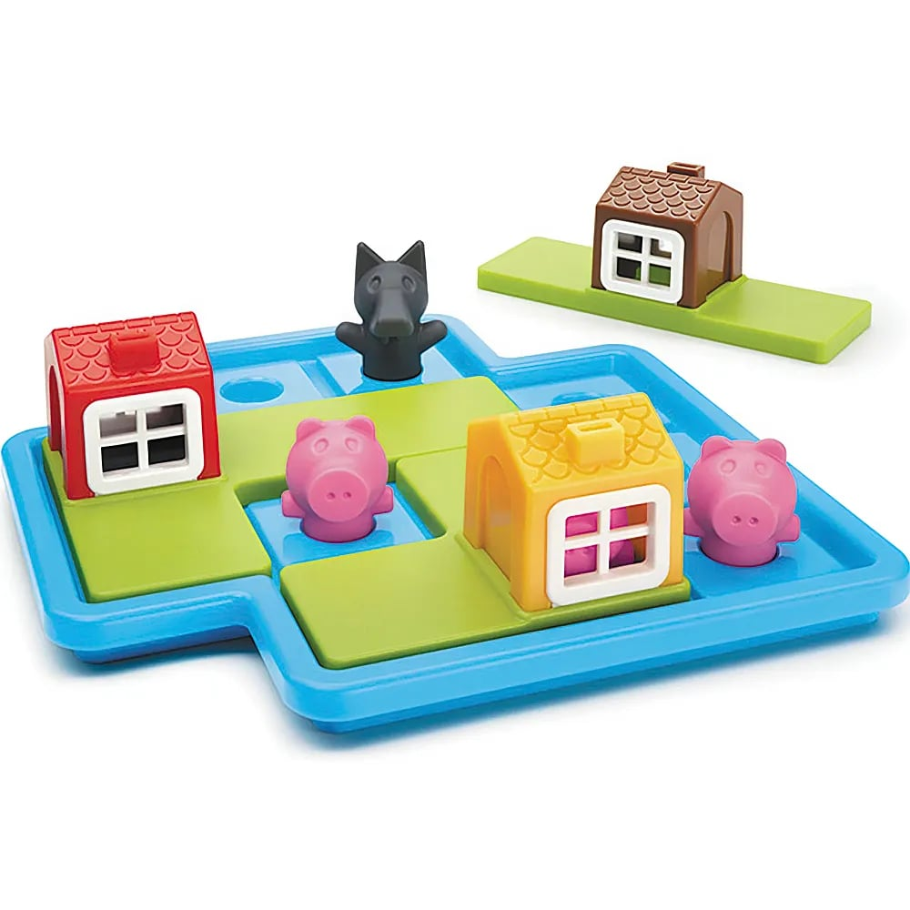 Ein Kinderspiel mit farbigen Häusern, rosa Schweinchen und einem schwarzen Wolf auf einer blauen Basis.