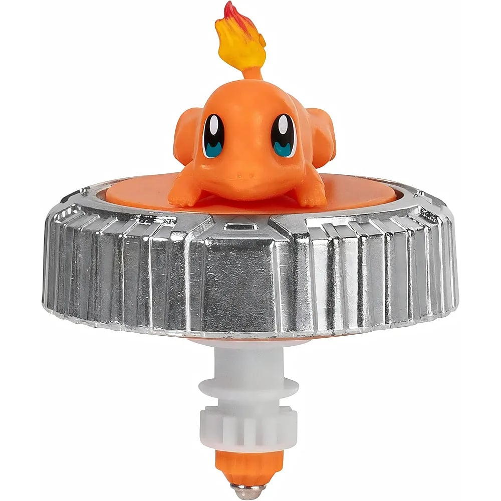 Eine orangene Charmander-Figur auf einem silbrigen Metall-Kreisel mit weißem Griff.