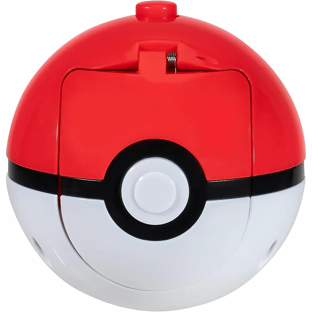 Ein rot-weißes Pokéball-Spielzeug aus Plastik mit einem zentralen Knopf und einer Klapptür.