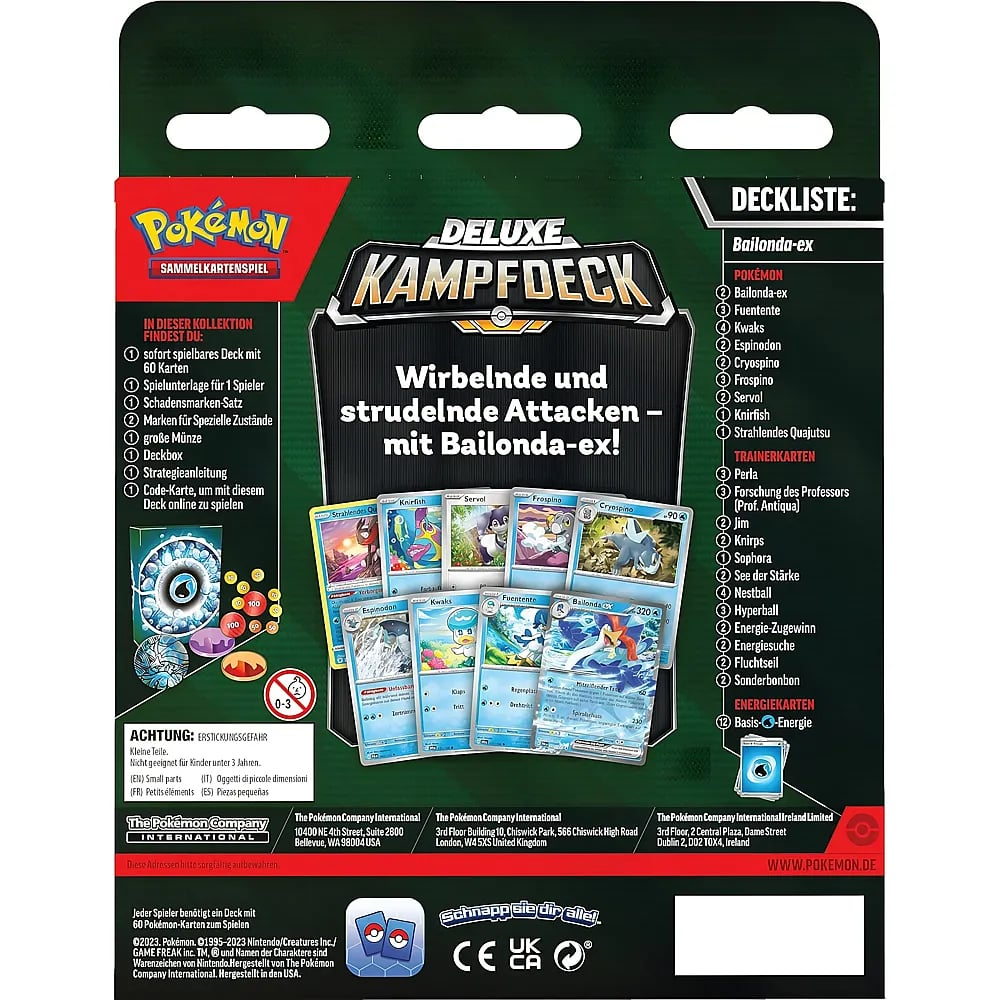Rückseite einer Pokémon Deluxe Kampfdeck Verpackung mit Text, Deckliste und Kartenbildern in Deutsch.