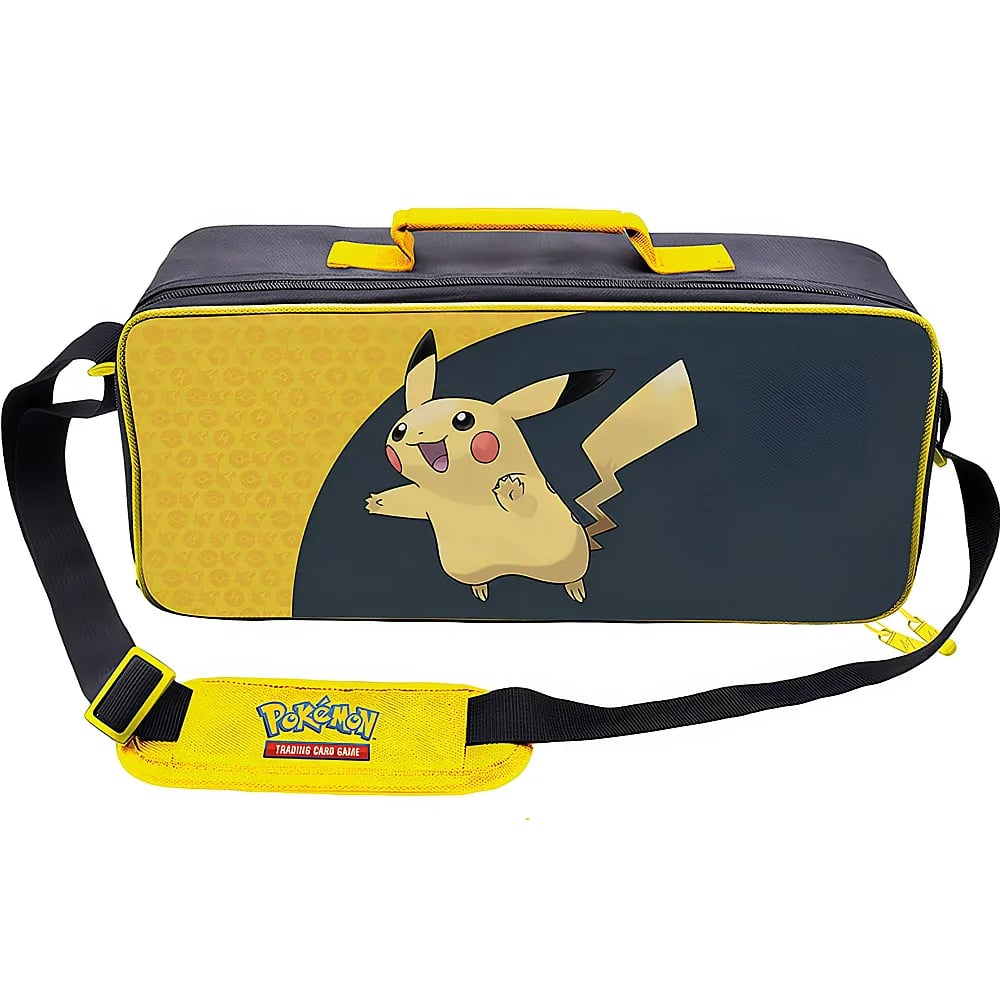Sac de transport Pokémon Pikachu noir et jaune avec poignée et bandoulière.