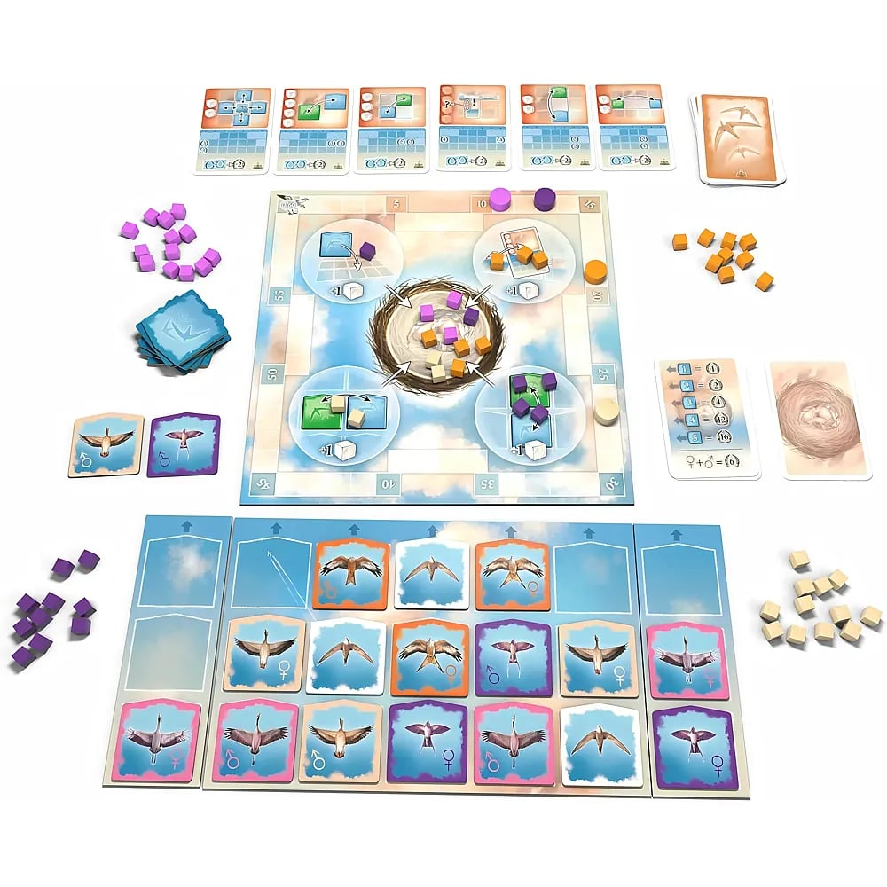 Ein Brettspiel mit Karten, Spielsteinen, einem zentralen Spielplan und Spielertabellen mit Vogelmotiven.