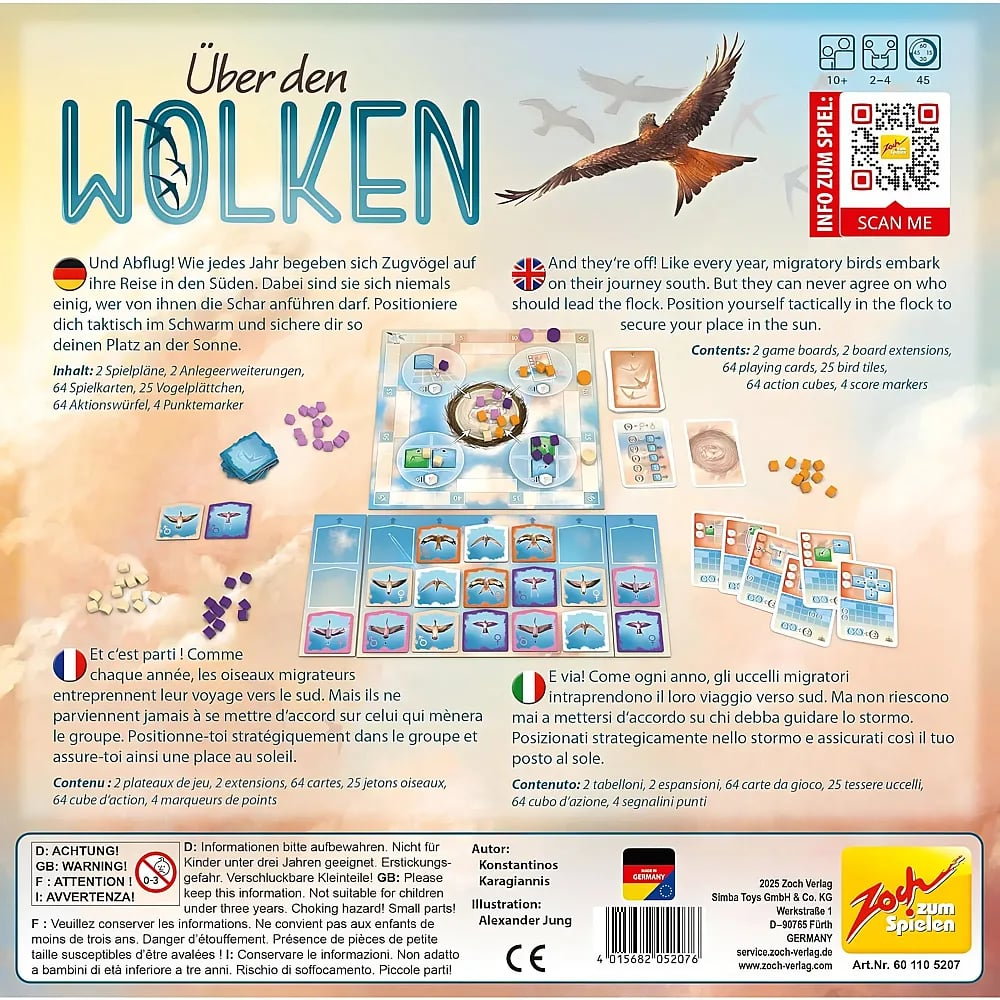 Rückseite der Brettspielverpackung "Über den Wolken" mit Komponentenübersicht, Spielbeschreibung in vier Sprachen und QR-Code.