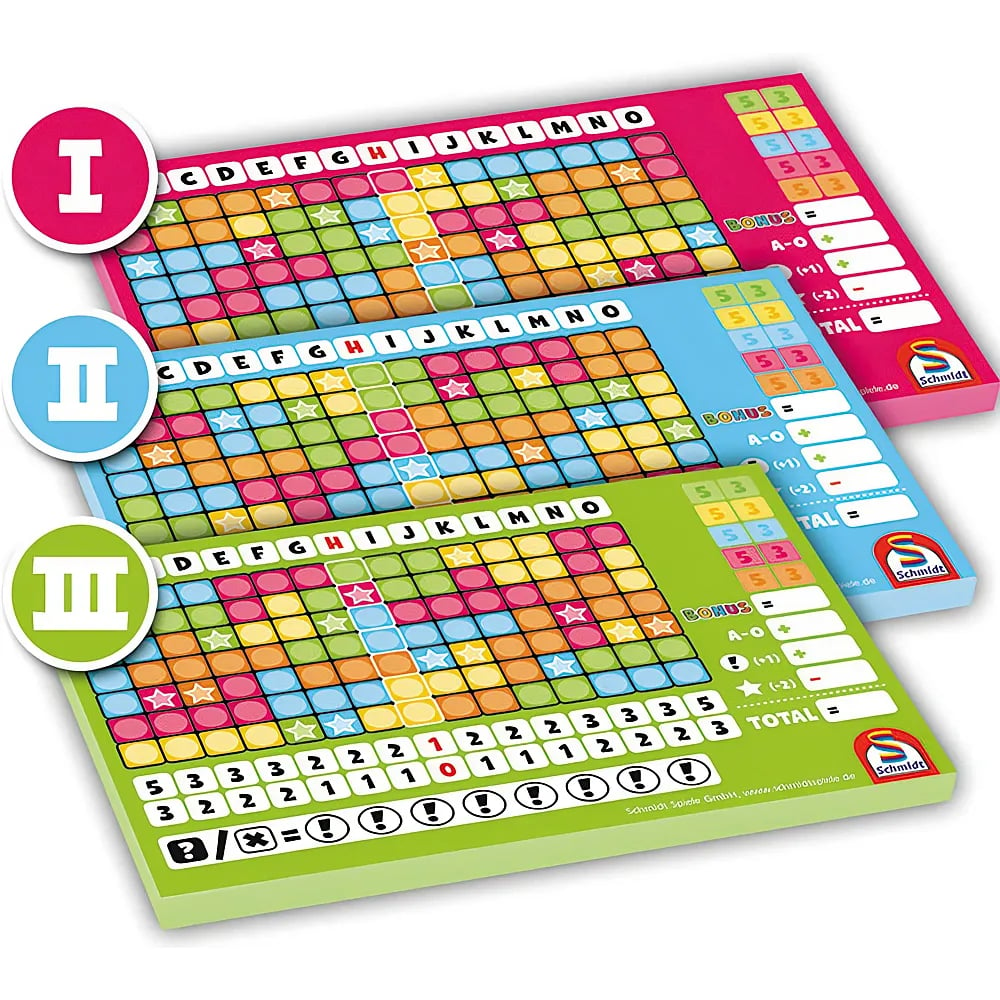 Drei farbige Raster-Spielblöcke gestapelt, mit Buchstaben, bunten Feldern, Sternen und Wertungsbereichen.