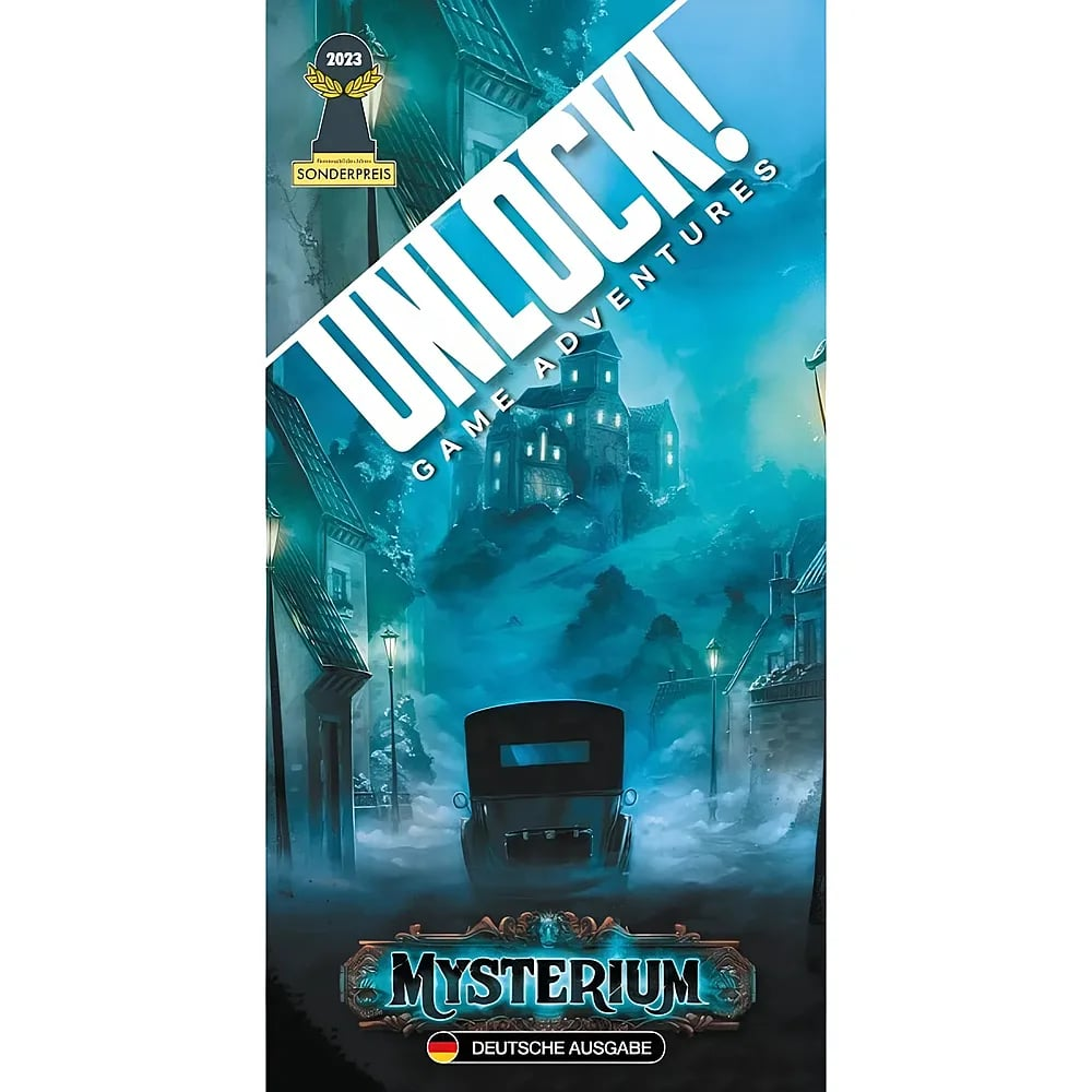 Coverbild des Brettspiels Unlock! mit geheimnisvollem alten Auto und Schloss im Nebel.