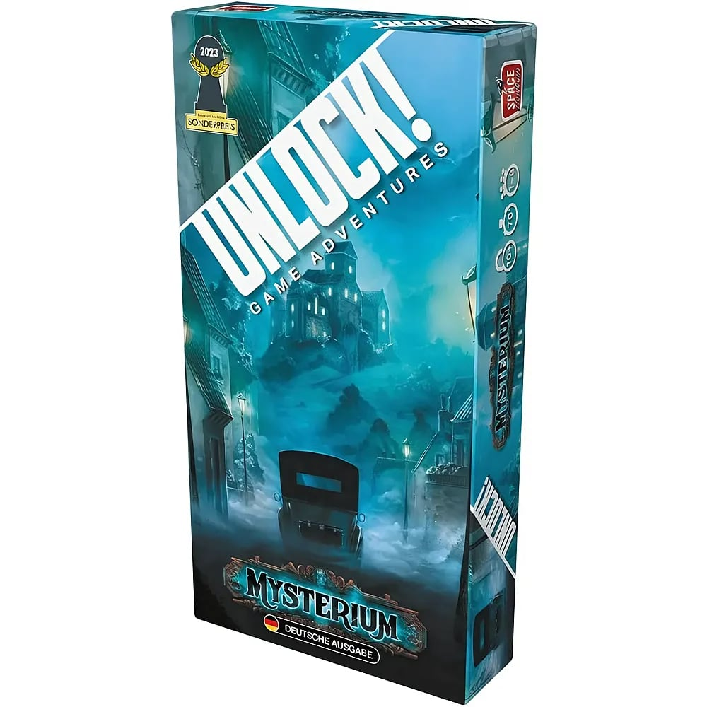 Die Brettspielbox zeigt eine nächtliche Straßenszene mit einem alten Auto, Nebel und einem geheimnisvollen Schloss.