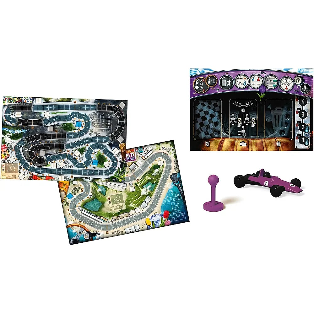 Spielteile mit zwei Rennstrecken, einem Cockpit-Dashboard, einer lila Spielfigur und einem lilafarbenen Rennwagen.