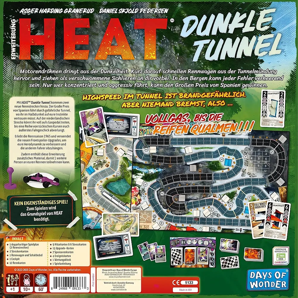 Rückseite der Brettspiel-Erweiterung Heat Dunkle Tunnel mit Text, Spielbrett und Komponenten.