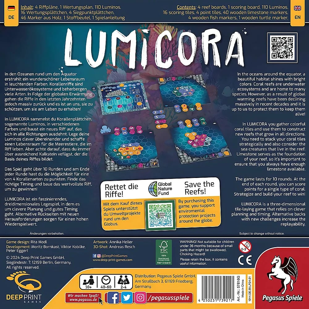 Rückseite der Brettspielverpackung Lumicora mit Spielregeln und Grafiken in deutscher und englischer Sprache.