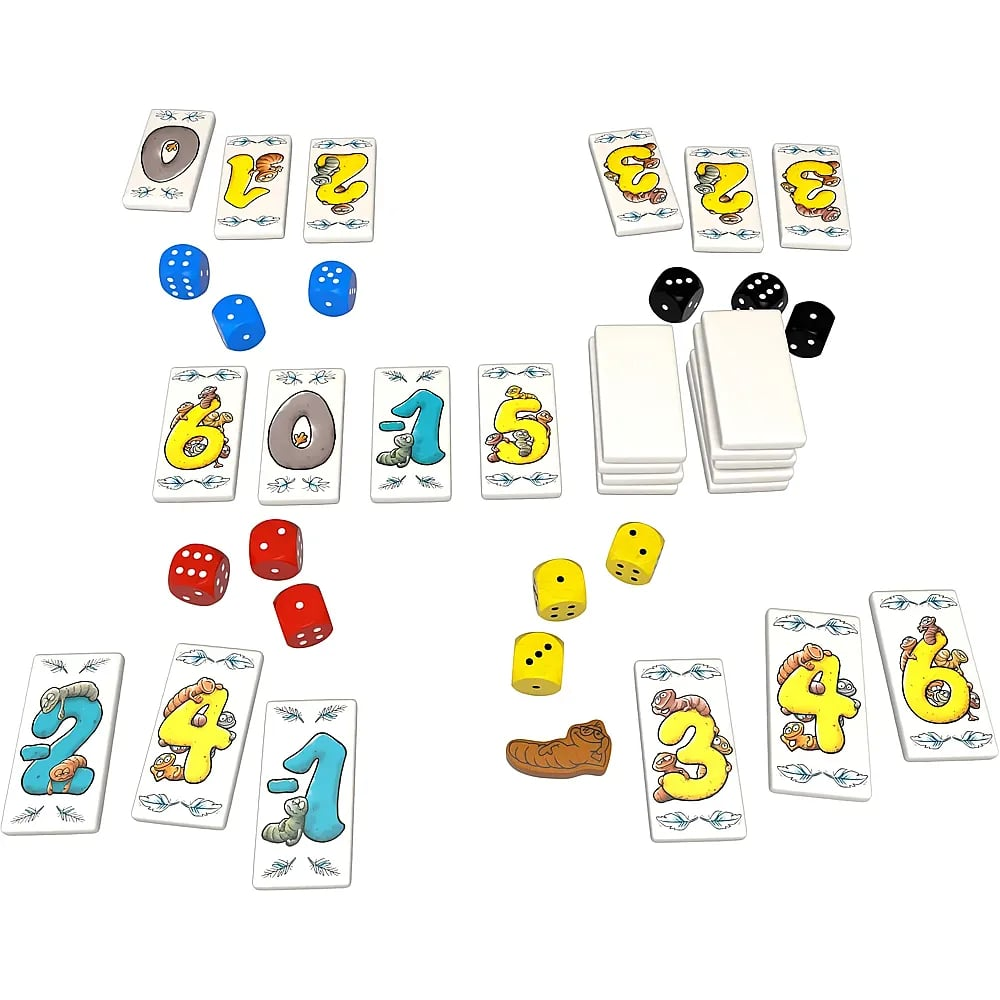 Ein Brettspiel-Layout mit nummerierten Steinen, farbigen Würfeln, weißen Steinestapeln und einem braunen Stück.