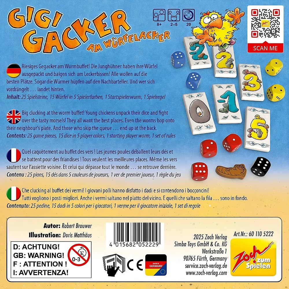 Rückseite der Spielschachtel 'Gigi Gacker' von Zoch mit Spielregeln in vier Sprachen, Würfeln und Spielsteinen.