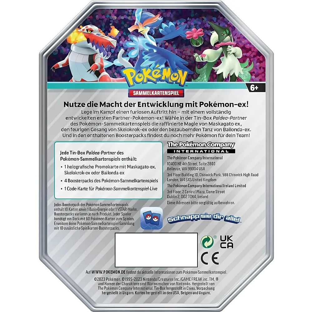 Rückseite einer Pokémon-Sammelkartenspiel-Blechdose mit drei Charakteren oben und deutschem Text.