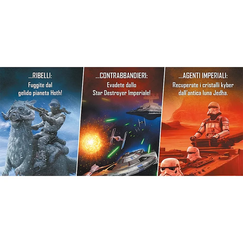 Drei Star Wars-Panels mit Rebellen auf Hoth, Schmugglern im Weltraum und imperialen Agenten auf Jedha.