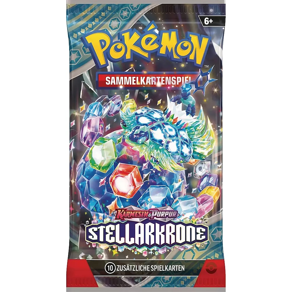 Pokémon Karmesin & Purpur Stellarkrone Boosterpack mit Kristall-Pokémon auf der Vorderseite.