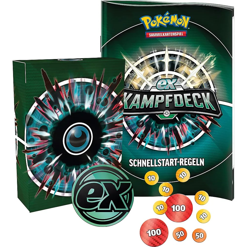 Ein Pokémon TCG ex-Kampfdeck-Set mit Karten, Regelbuch, Münze und Schadensmarken auf weißem Hintergrund.