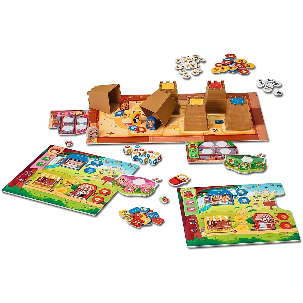 Ein buntes Kinderspiel mit Papp-Burmtürmen, Spielbrettern, Würfeln und Marken.