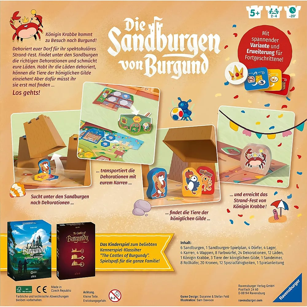 Spielschachtel-Rückseite mit Spielkomponenten, Aufbauanleitung und Tierillustrationen auf sandfarbenem Hintergrund.