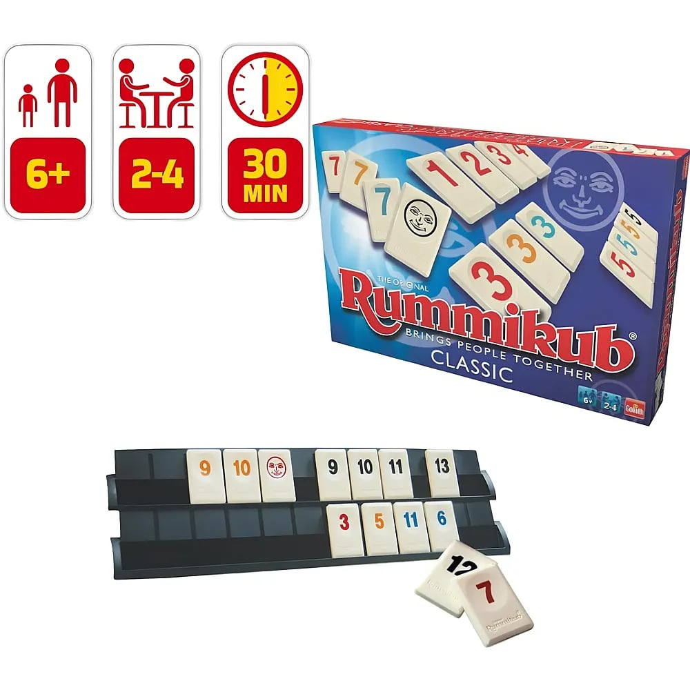 Rummikub Classic Karton, Spielsteine auf Haltern und drei Piktogramme für Alter, Spieler und Dauer.