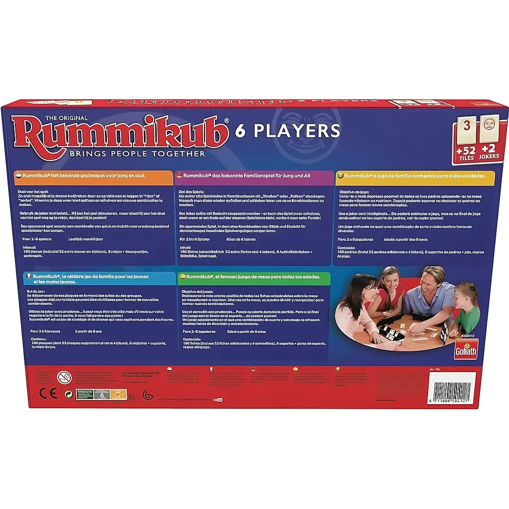 Die Rückseite der Rummikub 6 Players Brettspielverpackung mit Text und Foto einer spielenden Familie.