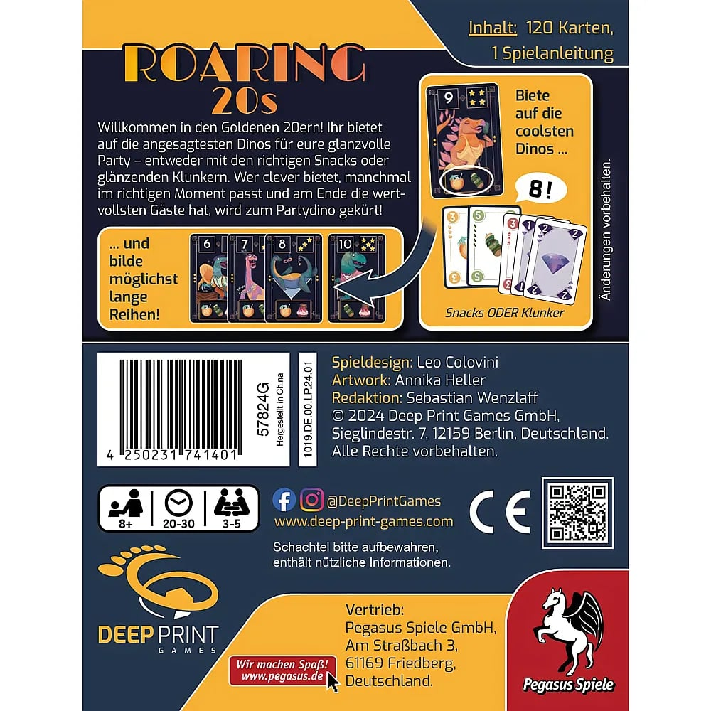 Dos de la boîte du jeu 'Roaring 20s' avec règles, cartes et détails de l'éditeur.