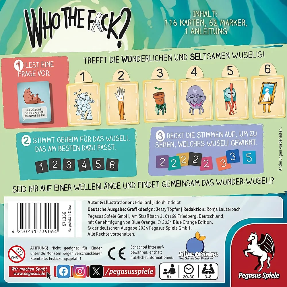 Rückseite des Kartenspiels 'Who the Fck?' mit Spielregeln, bunten Figuren und Herstellerinfos.