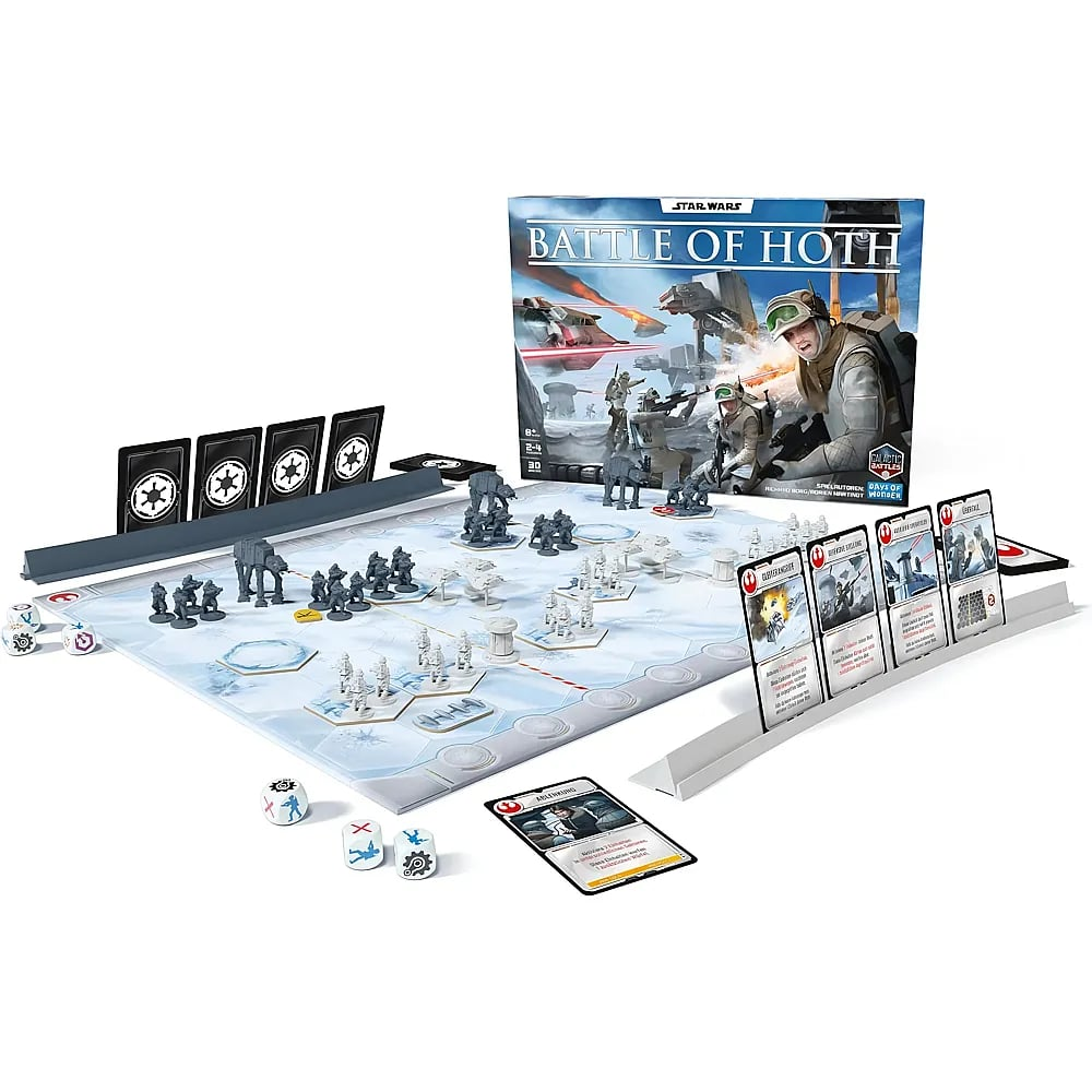 Juego de mesa Star Wars Battle of Hoth con caja, cartas, dados y miniaturas detalladas en un tablero nevado.