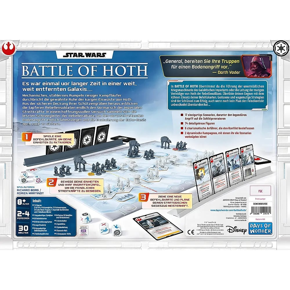Parte trasera de la caja del juego Star Wars Battle of Hoth con componentes, miniaturas y texto en alemán.