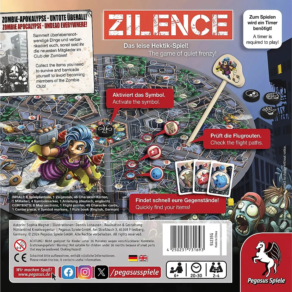 Rückseite der Spieleverpackung von Zilence, einem hektischen Brettspiel mit Zombie-Thema, Karten und Pointer.