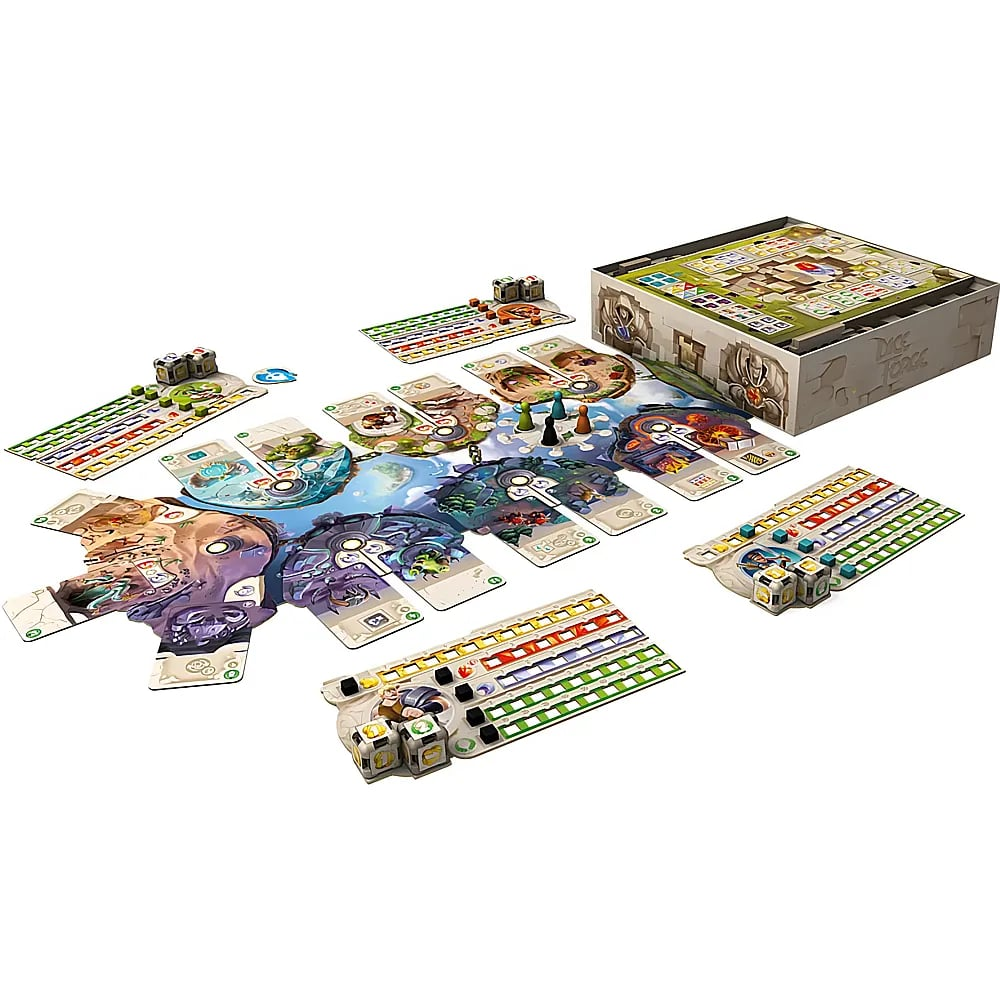 Ein ausgebreitetes Brettspiel mit bunten Spielbrettern, Würfeln, Figuren und der geöffneten Spielbox.