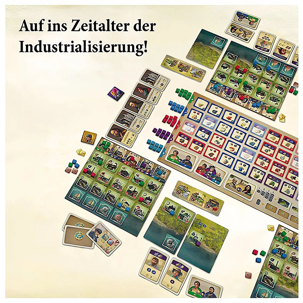 Un juego de mesa con cartas, fichas de colores y tableros con temática industrial.