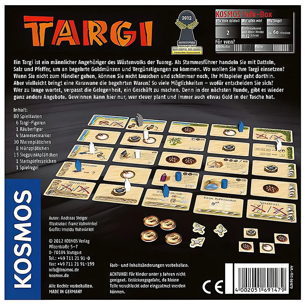 Dos de la boîte de jeu Targi montrant cartes, pions et description sur fond de bois.