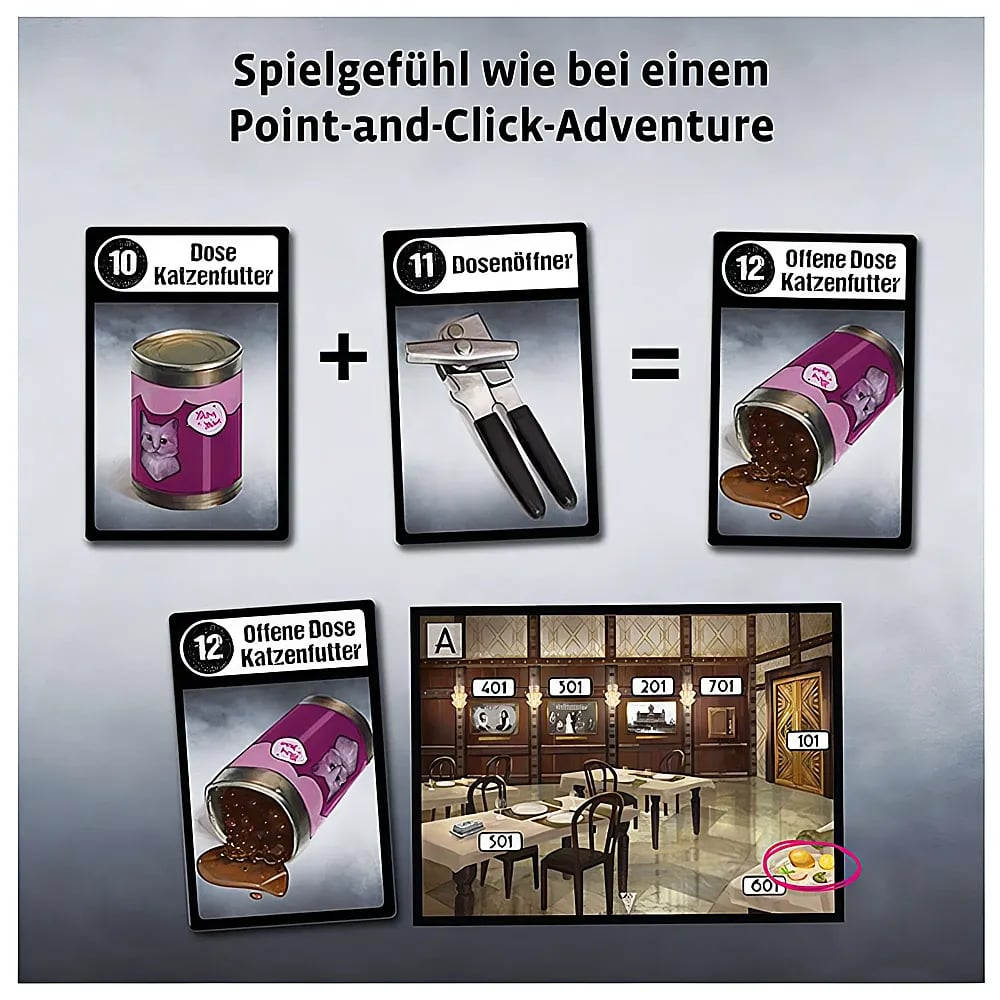 Karten zeigen Gegenstände wie Katzenfutter und Dosenöffner, die kombiniert werden, um ein Abenteuer zu spielen.