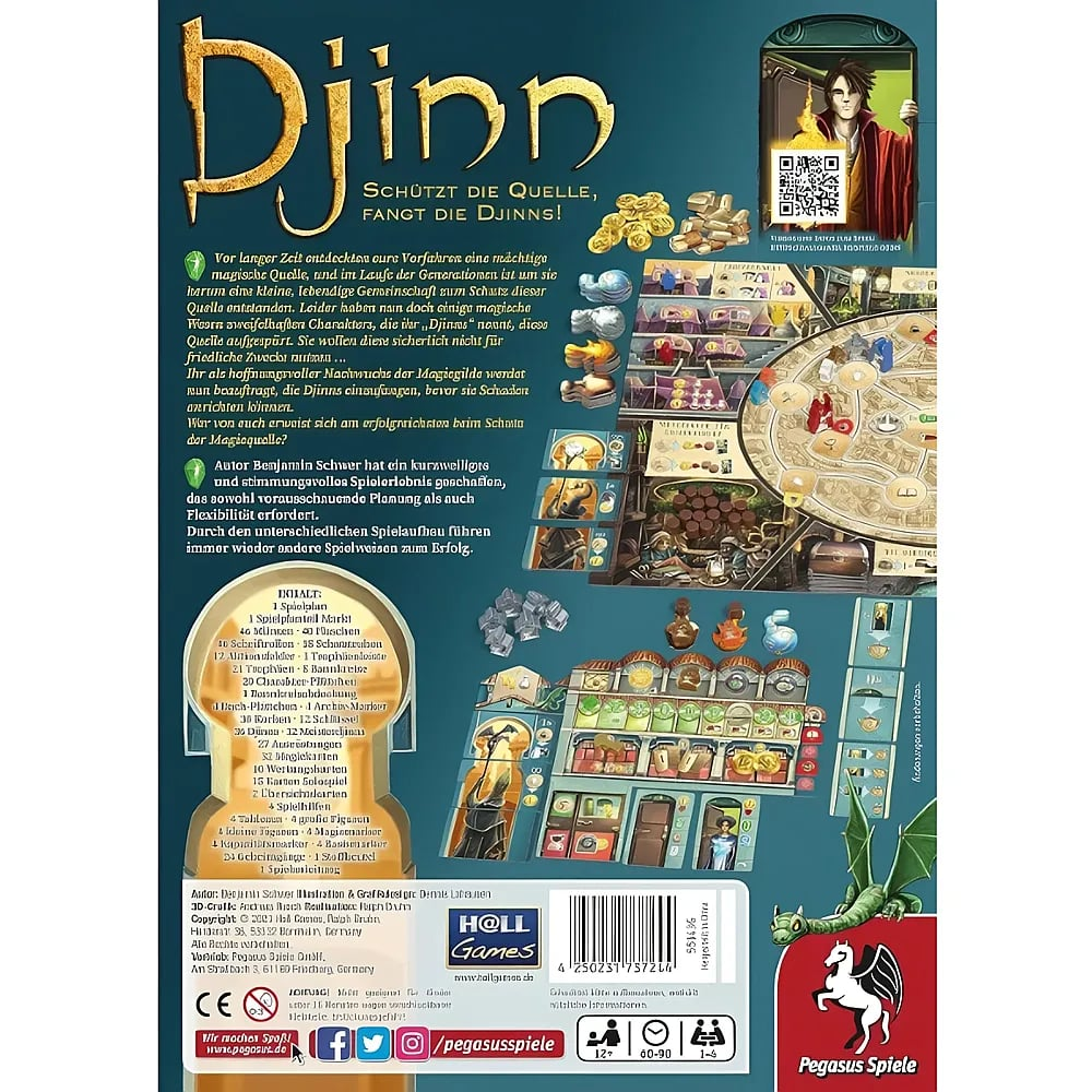 Rückseite der Brettspielverpackung von Djinn mit Spielbeschreibung, Komponentenliste, Bildern und Pegasus Spiele Logo.