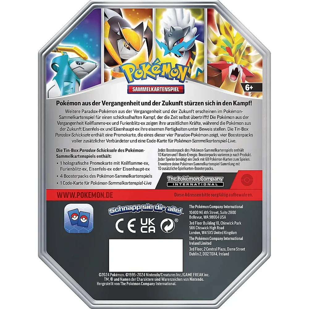 Rückseite einer Pokémon-Sammelkartenspiel-Dose mit Text auf Deutsch und Charakterbildern oben.