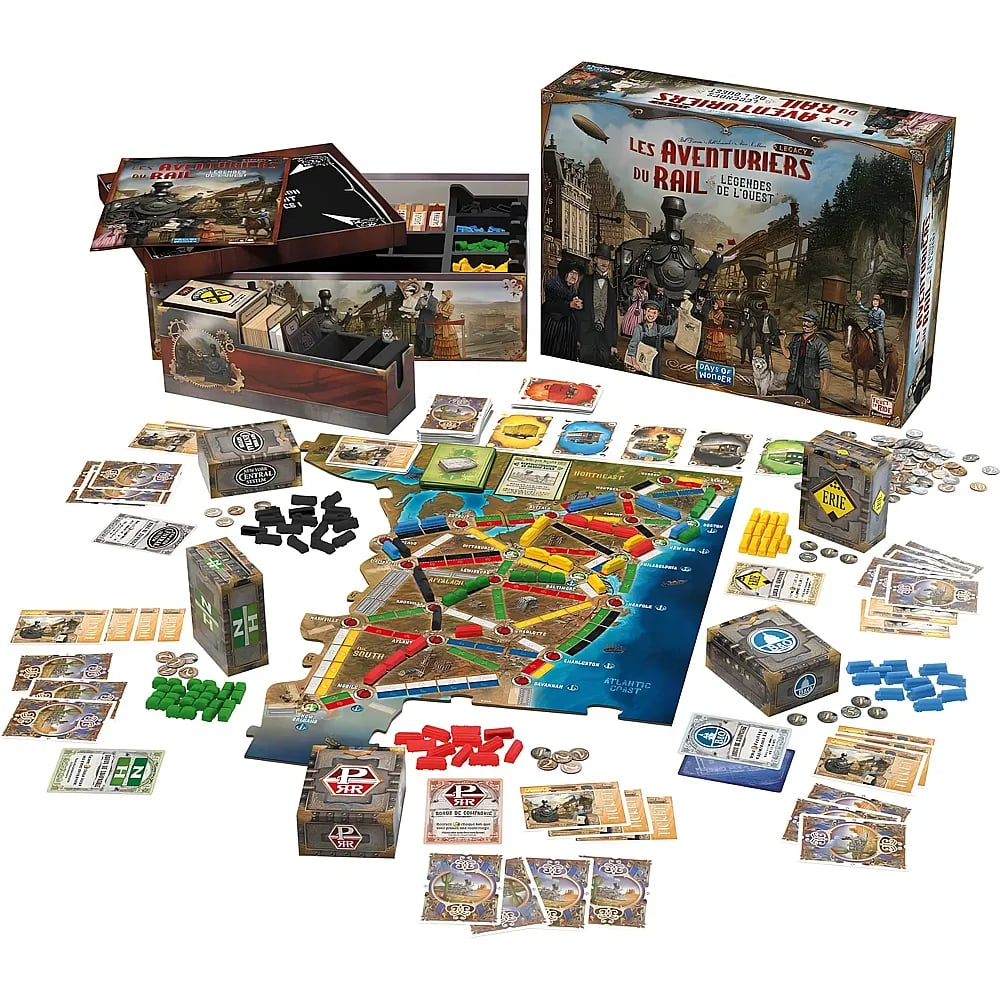 Brettspiel Ticket to Ride Legends of the West mit Spielbrett, Karten, Plastikzügen und Boxen.