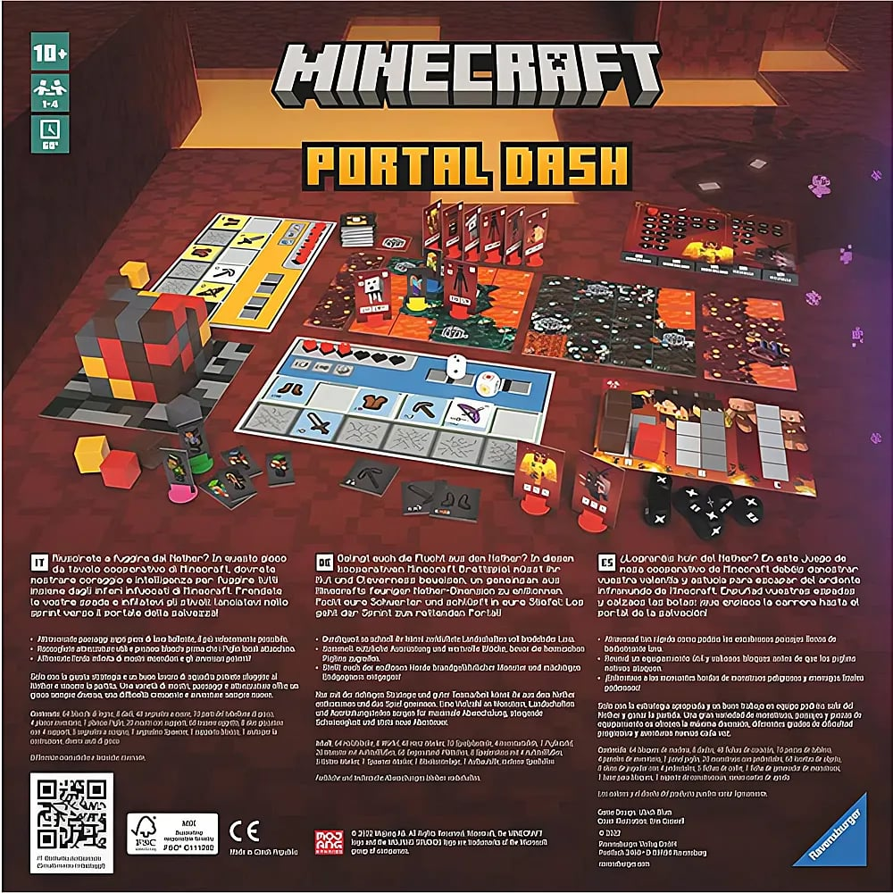 Die Brettspielverpackung von Minecraft Portal Dash mit verschiedenen Spielteilen, Karten und Figuren.
