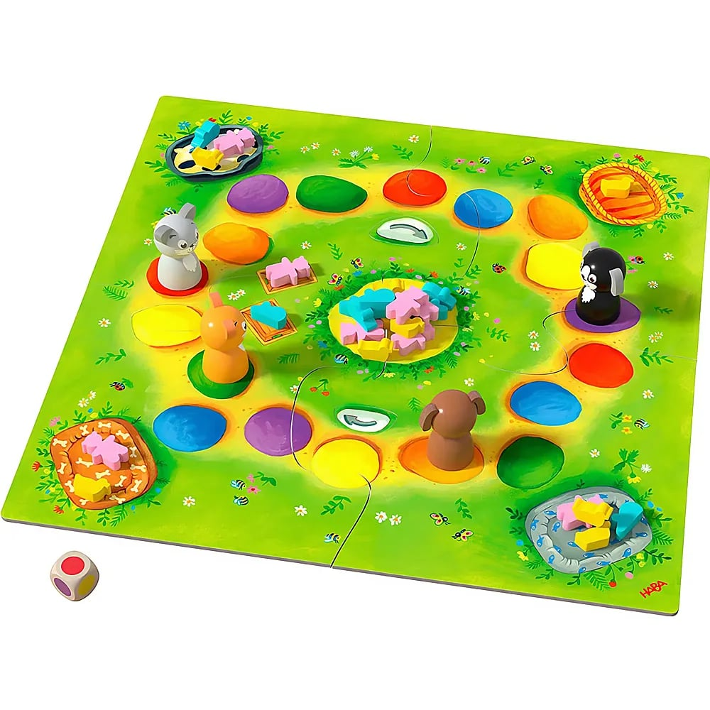 Ein buntes Kinderspiel auf einer grünen Wiese mit Holzfiguren und einem Farbwürfel.