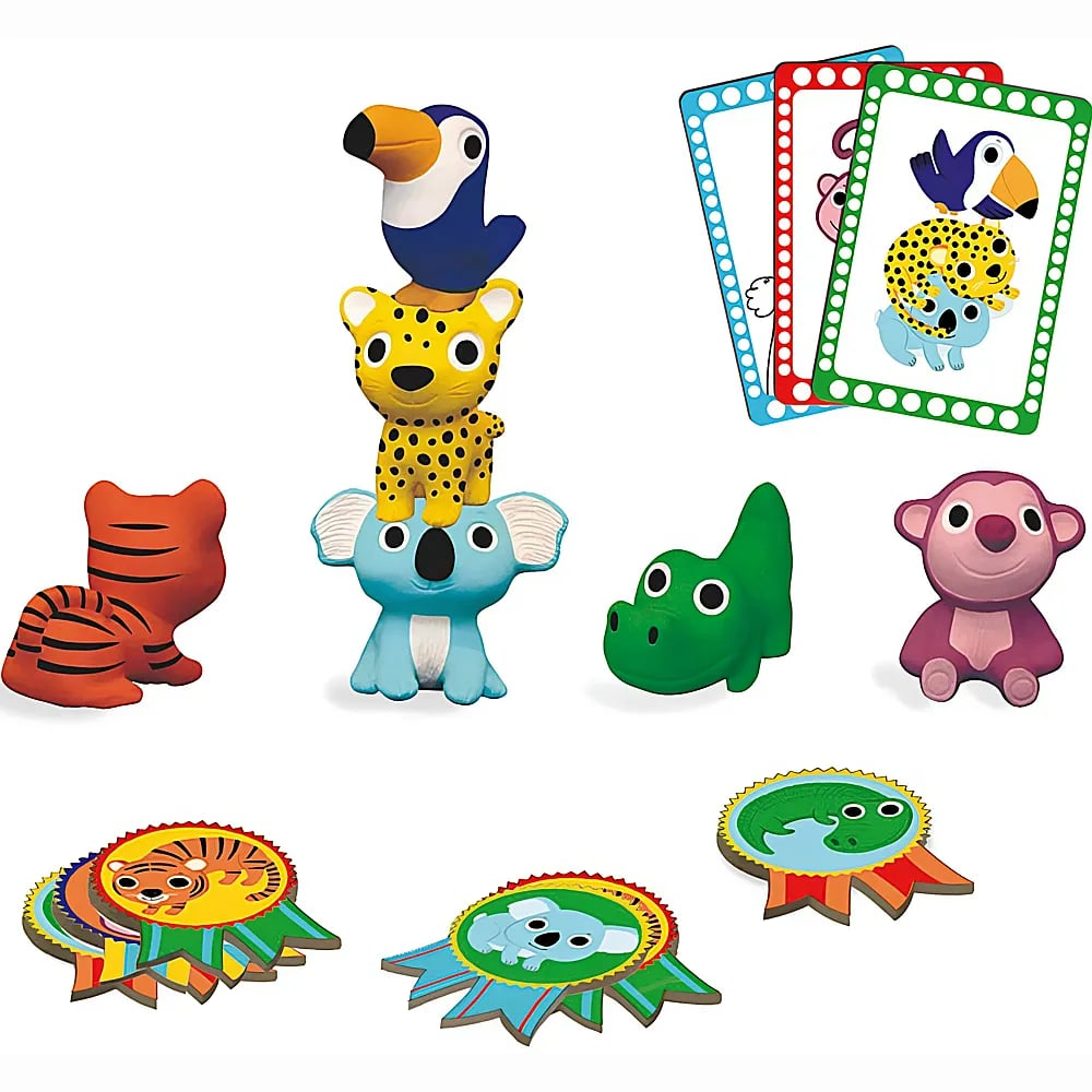 Kinderspielset mit bunten Tieren aus Gummi, Tierfiguren und passenden Spielkarten mit abgebildeten Tieren.