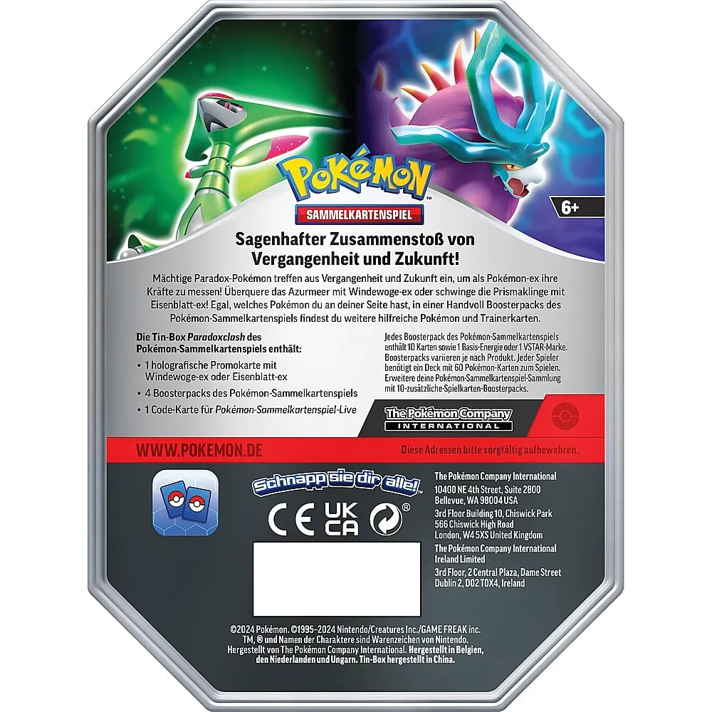 Rückseite einer deutschen Pokémon Tin-Box Paradoxclash mit Pokemon-Grafiken, Text und Herstellerinformationen.