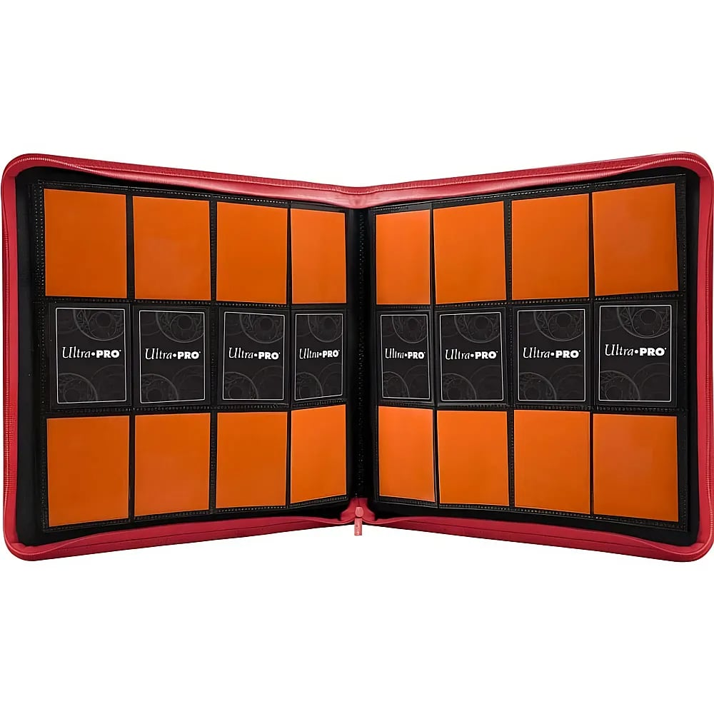 Geöffnetes rotes Sammelkartenalbum mit schwarzen Seiten und orangefarbenen Kartenfächern.