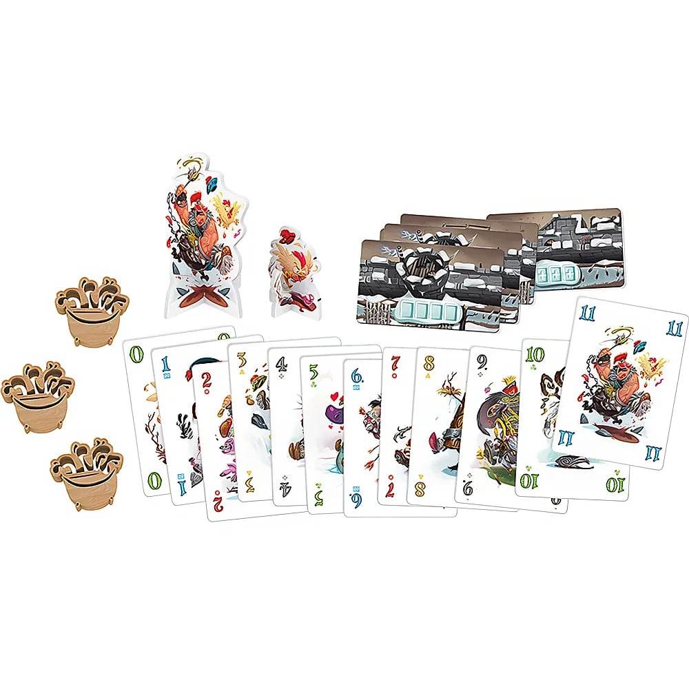 Set di gioco di carte con carte colorate, pezzi di legno, standee di cartone e carte scenario.
