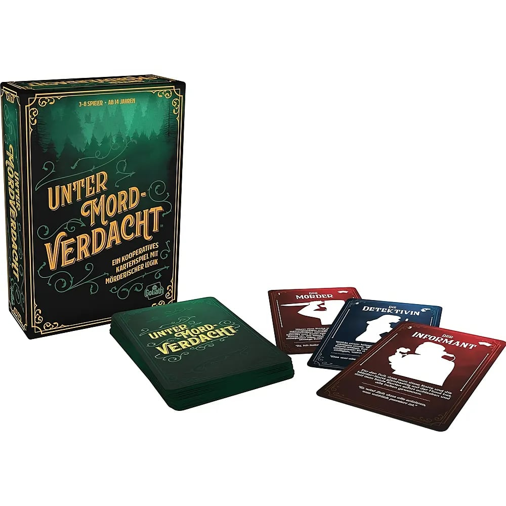 Unter Verdacht Brettspielbox mit Kartenstapel und drei Charakterkarten.