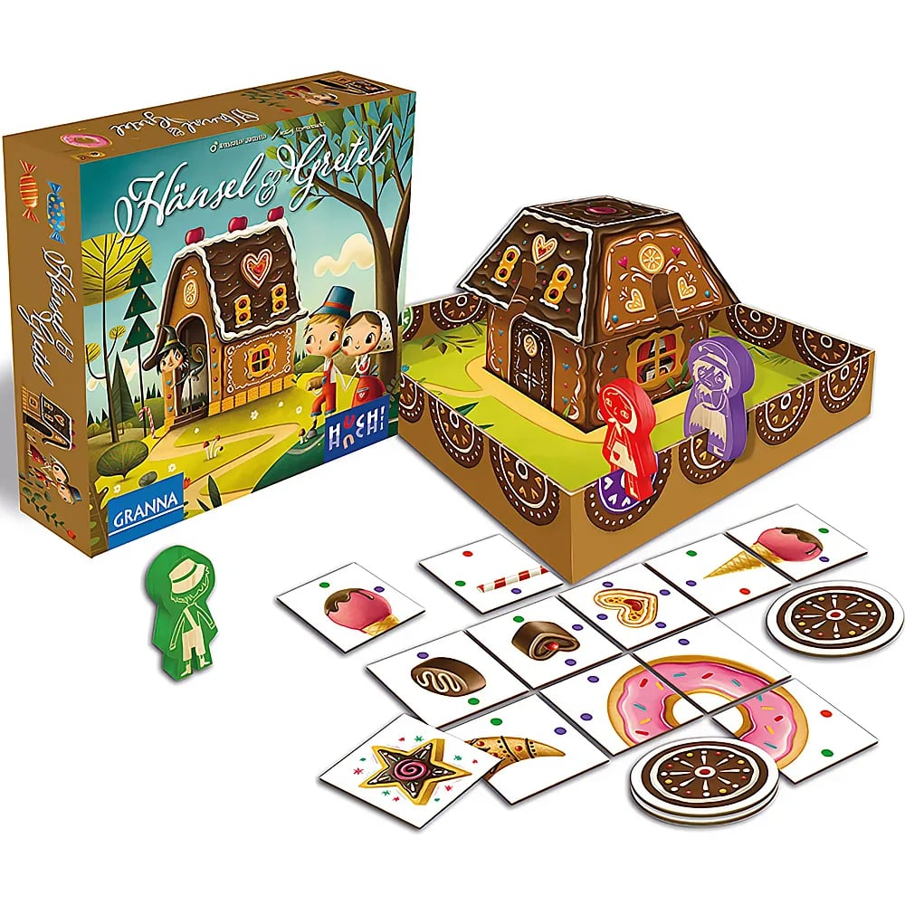 Das Brettspiel Hänsel und Gretel mit Spielschachtel, 3D-Lebkuchenhaus, Holfiguren und bunten Bonbon-Plättchen.