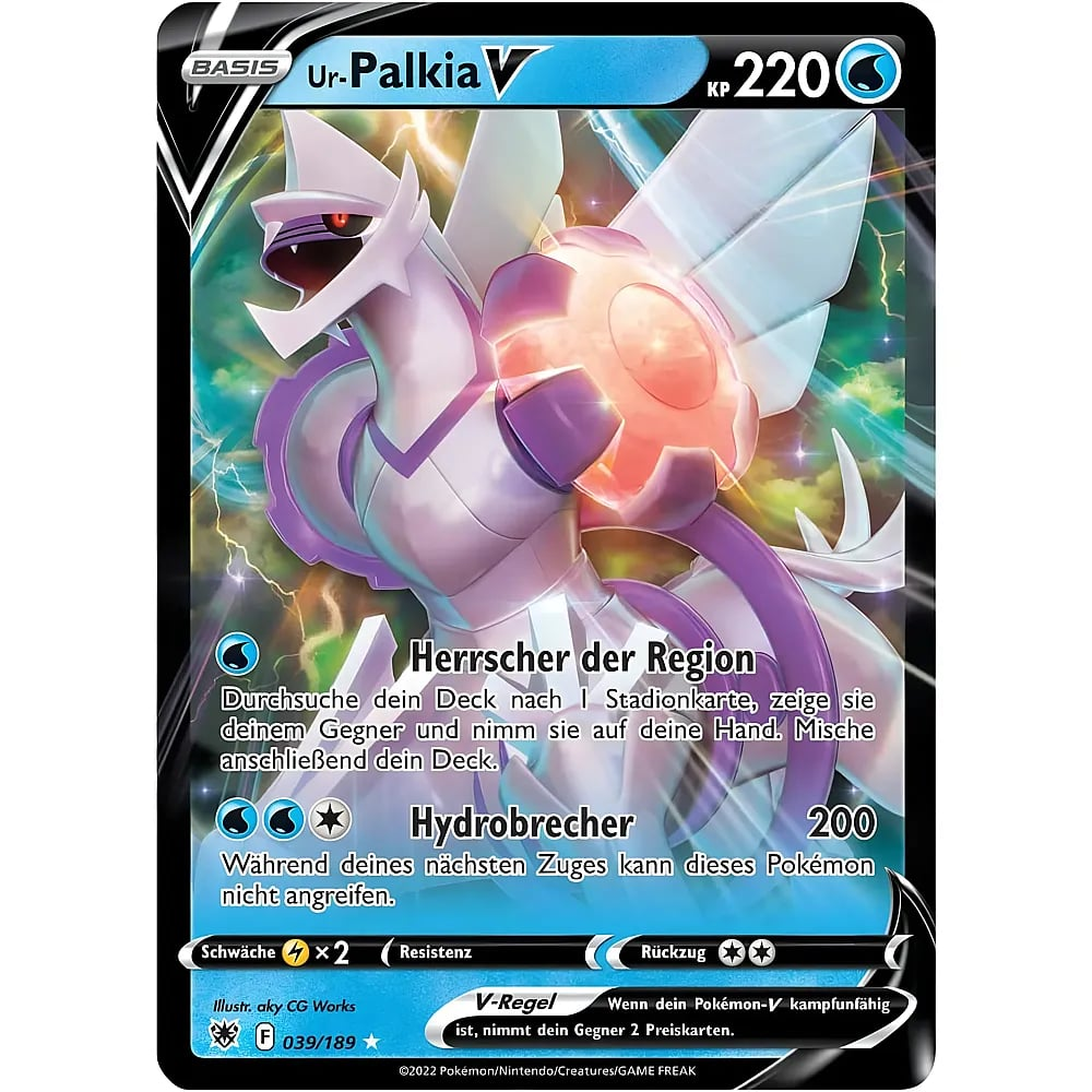 Pokémon-Karte zeigt Ur-Palkia V mit 220 KP, weiß-violettem Drachenwesen und blauer Energie im Hintergrund.